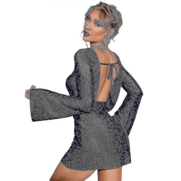 Dame Backless Flæseærme Glitrende Mesh Mini Kjole Chic Og Glamourøs