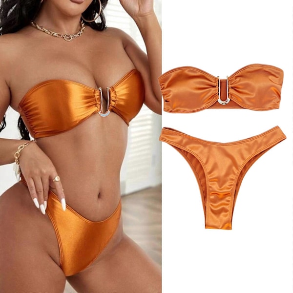 Naisten U-rengas Yksivärinen Bandeau Bikini Setti Olkaimeton Uimapuku Kaksiosainen Smocked Bikini Uima-asut Uimapukuihin Keltainen S