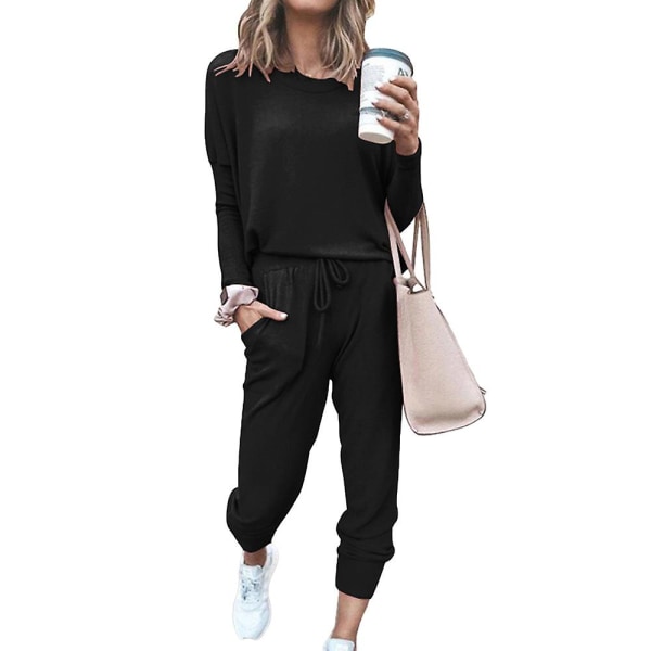 Kvinder Casual Ensfarvet outfits T-shirt toppe + snøre Elastisk talje Jogging joggingbukser Bukser Loungewear Sæt Black XL