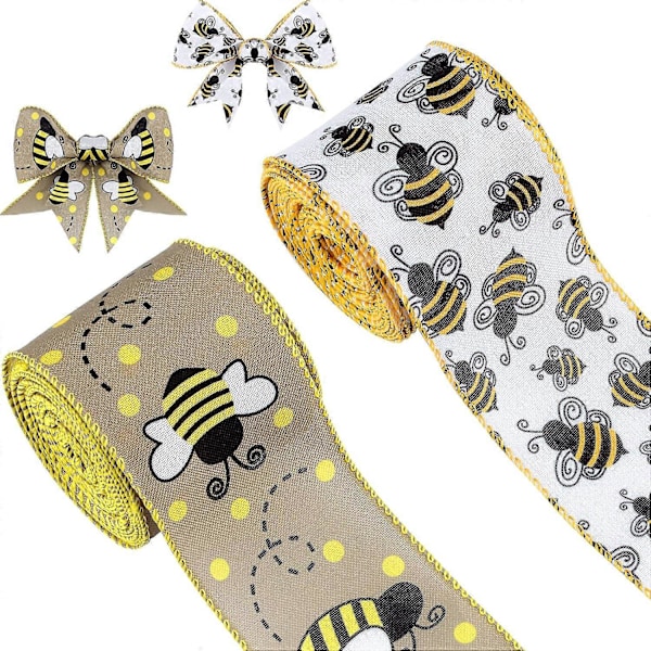 2 Rullar Bee Trådkantband - Gult Honungsbi Canvasband för DIY Hantverk & Blomsterinpackning - Totalt 20 Yards