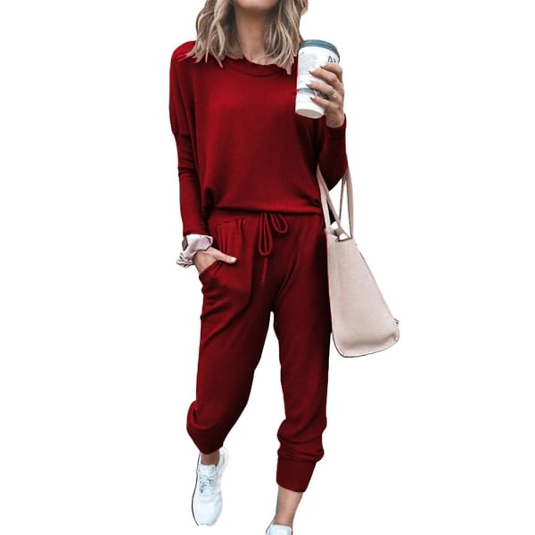 Kvinder Casual Ensfarvet outfits T-shirt toppe + snøre Elastisk talje Jogging joggingbukser Bukser Loungewear Sæt Wine Red 2XL