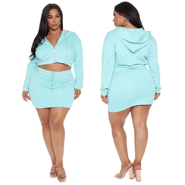 Dame Langærmet Lynlås Hættetrøjer Crop Top og Mini Nederdel med Snøre i Taljen To Dele Ensfarvet Afslappet Sæt lysegrøn 6XL