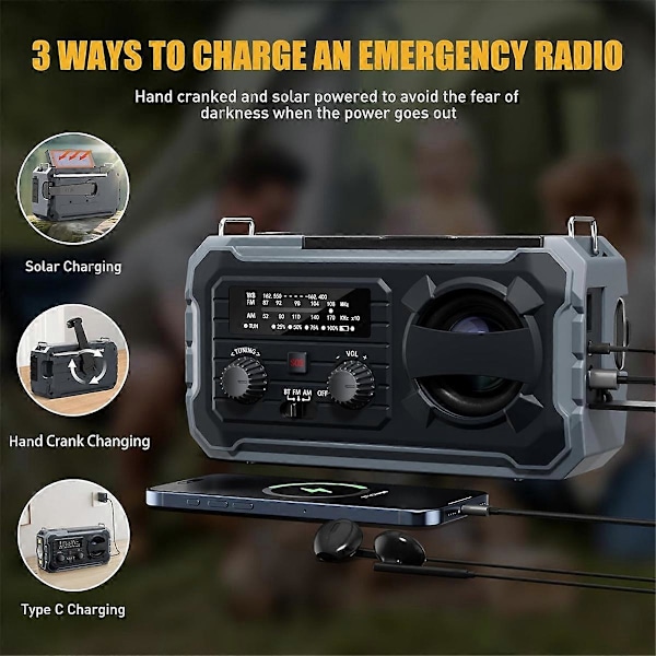 Nödväderradio, 8000mAh Solcell & Vevradio