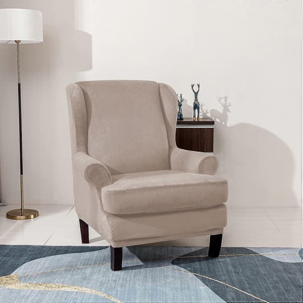 Fløyel Stretch Wingback Stol Sofa Trekk 2-Delt Stretch Sofatrekk Møbelbeskytter Myk Sofa med Elastisk Bunn (Khaki)