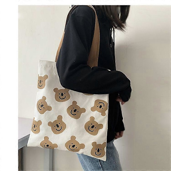 1 st Kvinnor Canvas Tote Väska Mode Ins Söt Björn Tryck Axelväska för Flickor