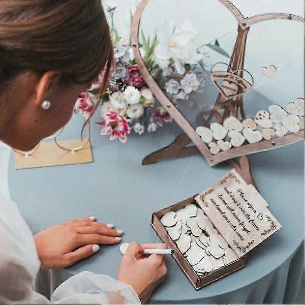 Bryllupsgjestebok i tre, hjerteformet, ornamenter, transparent dråpe, 3d, antikk minneboks, signatur