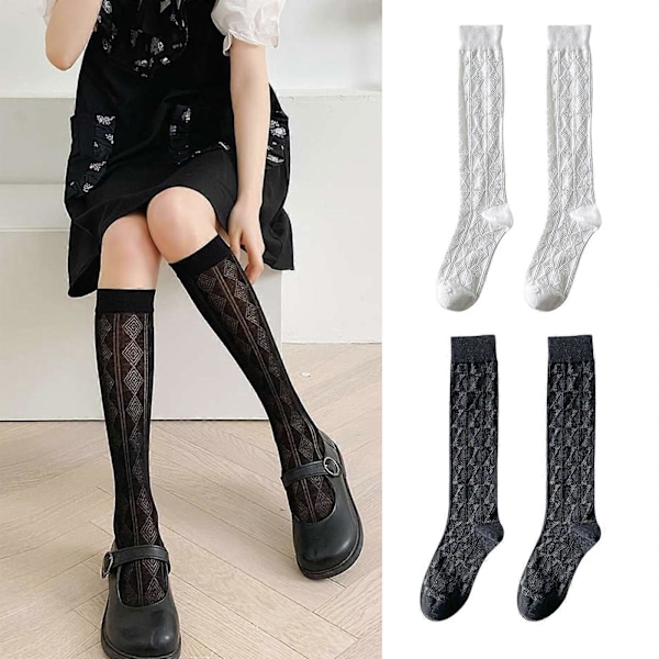 Dame Sommer Tynde Knæhøje Strømper Lolita Diamantstribet Jacquard Læg Strømper