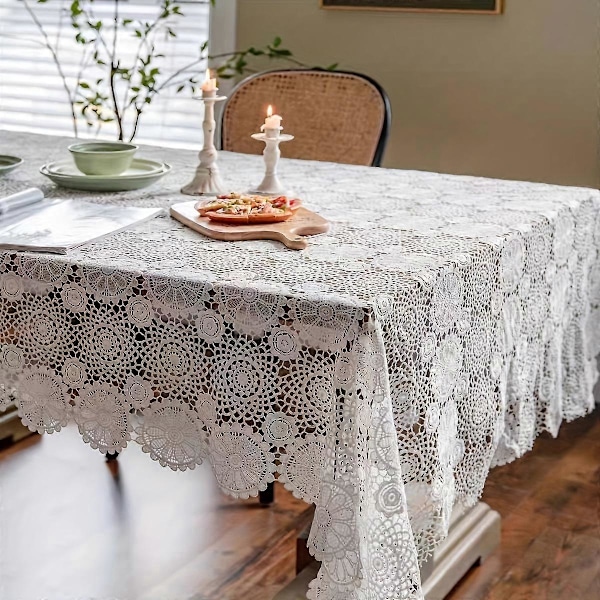 Ny stil 1 st, Polyesterduk, Fransk Retro Lätt Lyx Broderad Spets Långt Bordsöverdrag, Soffbordsmatta, Vit Nordisk TV-duk, Vinskåp