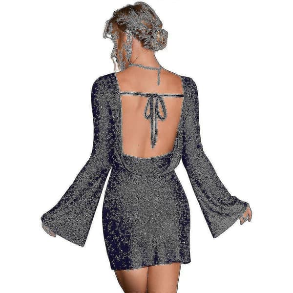 Dame Backless Flæseærme Glitrende Mesh Mini Kjole Chic Og Glamourøs