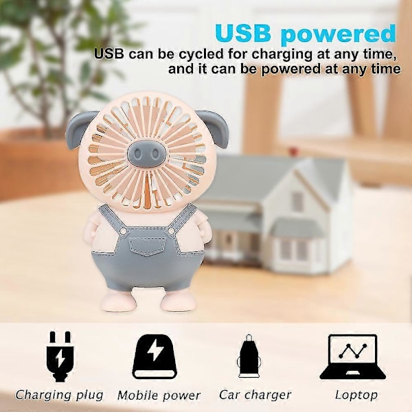 Elektrisk Ventilator - Lille Bærbar Håndholdt Ventilator, USB-opladning, Sødt Grisedesign Med Støjsvag Drift Og Lys, grå