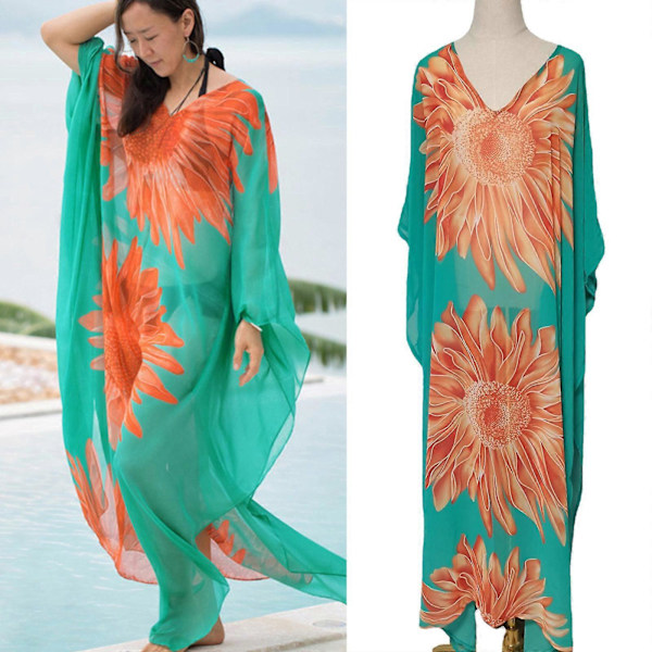 Dam Baddräkter med Fräscht Tryck Bikini Cover Up Sommar Strandbadkläder, Bikini Strandkläder, Djup V-ringad Lång Klänning för Semester Lanshi solros