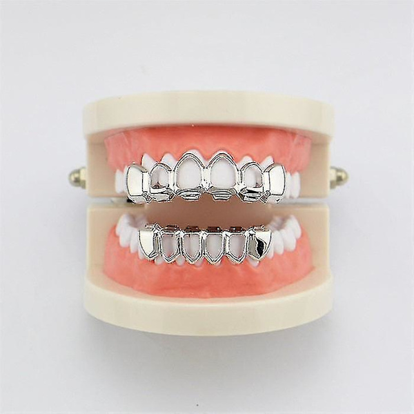 Hurtig levering Grillz Flat 8 Top og 8 Bund Sæt Grills Bling Teeth Caps Halloween Jack Napier Eric Border Kostumer Diy Prop C