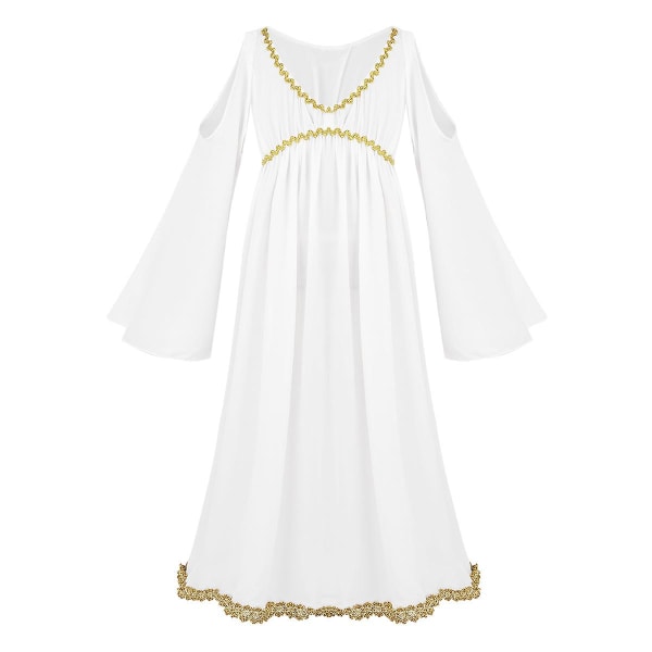 Romersk gresk gresk Athena Goddess Cosplay-kjole Jenter Gold Trim Halloween-kostyme Rollespill Party Lang Fancy Dress M