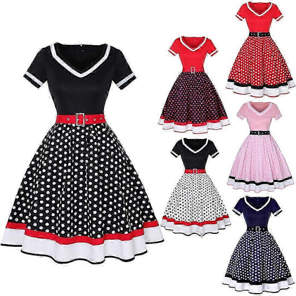 Rockabilly Naisten Mekot, 50-luvun Vintage Lyhythihainen V-Aukko Pilkullinen Swing Cocktail Mekko