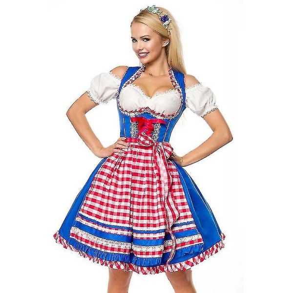 Halloween Kjoler Lady Carnival Oktoberfest Kostume Tavern Beerfest Tjener Dirndl Crop Top Plaid Forklæde Outfit Cosplay Halloween Fancy Festkjole Høj Blue XL-Oktoberfest