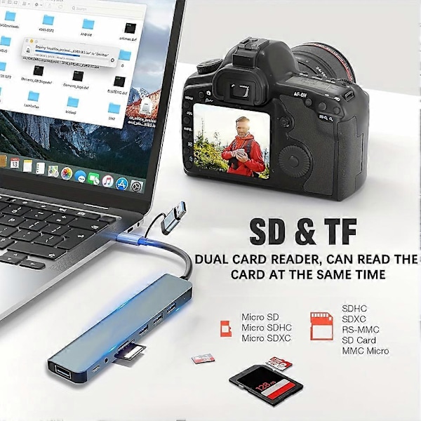 USB C 8 in 2 Moniporttihubi-adapteri 1 x USB 3.0 / 3 x USB 2.0 dataporttia / 3,5 mm ääniliitäntää puhelimille