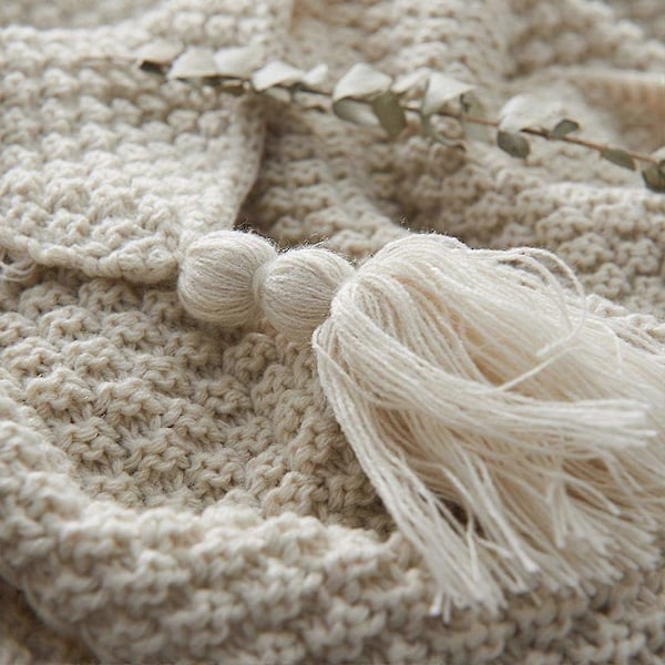 Strikket Tæppe Sofa Sengetæppe Bordmåtte Nordiske Sengetæpper Varmt Blødt med Håndlavet Frynser til Strand Picnic Alle Sæsoner (Beige, 70 x 100 cm)