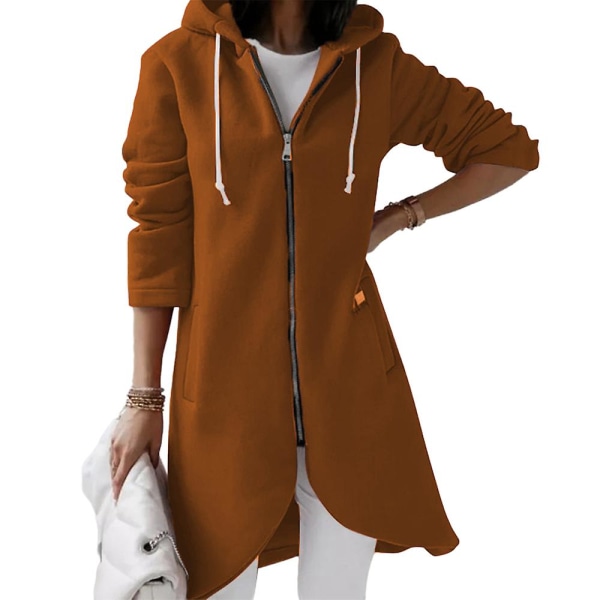 Kvinder Uregelmæssig fuld lynlås lang frakke Casual udendørs efterår langærmet hættejakke Brown 2XL