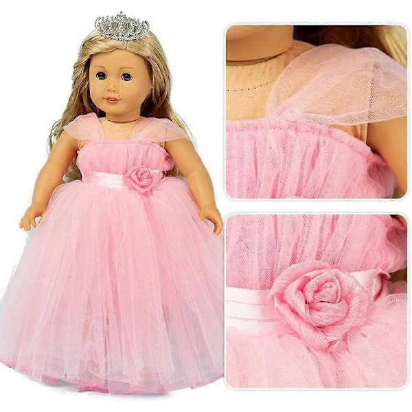 Flickdockkläder och tillbehör, Prinsessdräkt, Bröllopsklänning, Festklänning för 18-tumsdockor (Rosa)