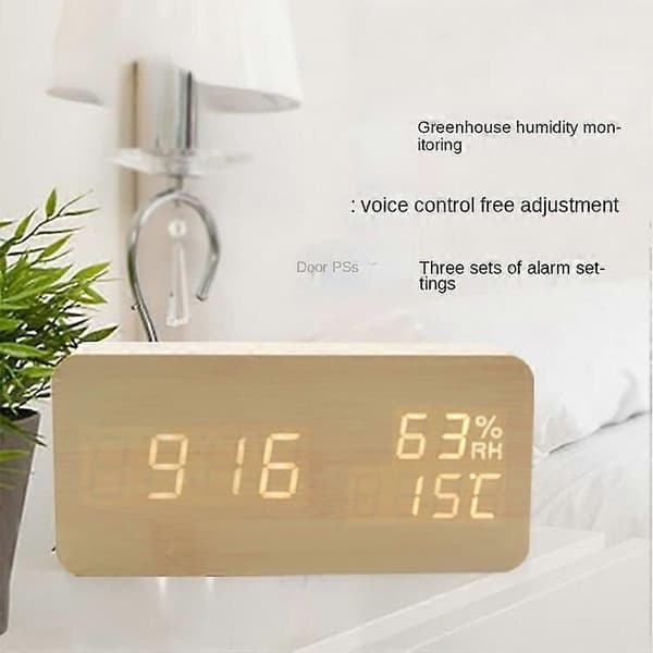 Smart Multifunktionell Väckarklocka LED-Display Träklocka Hem Röstaktiverad Ljusande