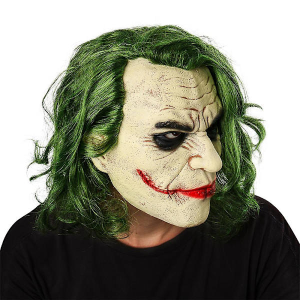 Horrific Mask Movie The Dark Knight Cosplay Skrekk Skremmende klovnemaske med grønt hår Parykk Latekshodeplagg Halloween festrekvisitter