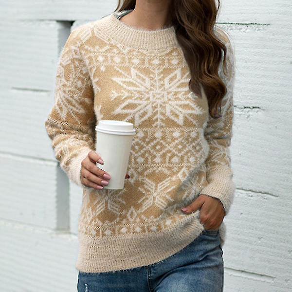 Christmas Genser Dame Christmas Snowflake Varm Genser Strikket O-hals Genser Khaki XL