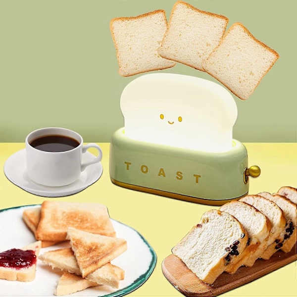 Brødristerlampe, Toast Nattlys Søt LED, USB Oppladbar, Dimbar Varm Toast Lys med Timer (Grønn)
