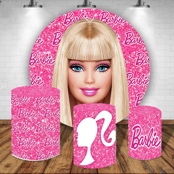 Barbie Circle Bakgrunder För Tjej Födelsedag Rund Bakgrund Elastisk Polyester Circle Bakgrund Cylinder Cover Bord Banner Party 4X4FT