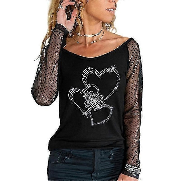 Dame Mesh Langærmet Skjorte Casual Rund Hals Sheer Mesh Polkaprikket Bluser Toppe