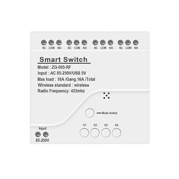 4-kanavainen Zigbee Älykäs Valokytkinmoduuli AC 85-250V RF433 Vastaanota 10A Releet Toimii Alexa Assistantin, Tuya Smart Lifen kanssa