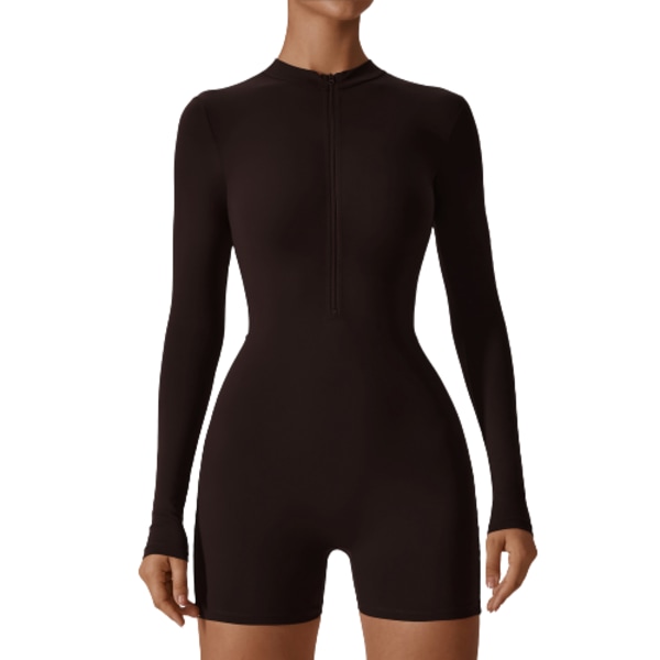 Öppen krage Dragkedja Bodysuit Dans Fitness Sport Bodysuit coffee XL