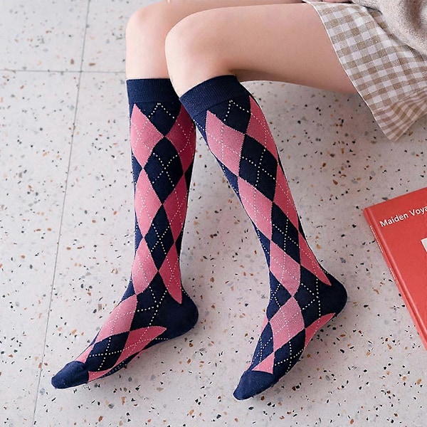 Dame Efterår Bomuld Knæhøje Strømper Japansk Preppy Stil Vintage Kontrastfarve Argyle Plaid Print Studenterstrømper