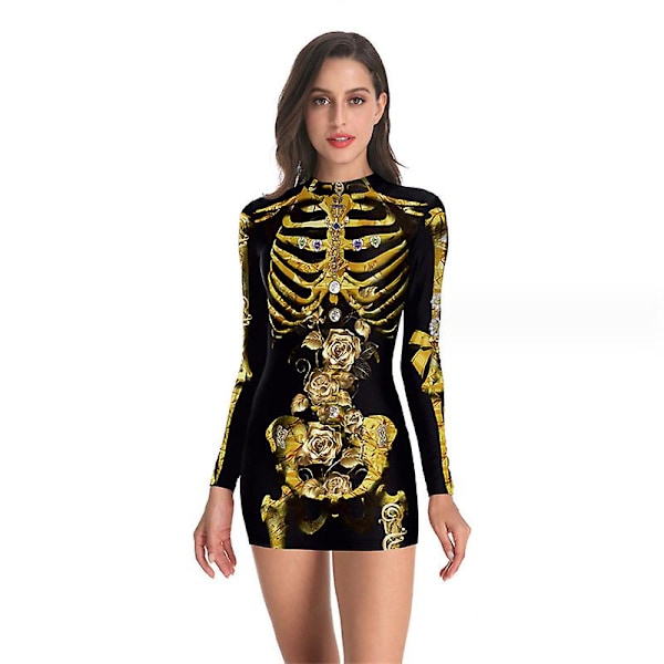 Kvinders Halloween-kostume Skeletkjole Langærmede Stretchy Kort Mini Kjole style 1 L