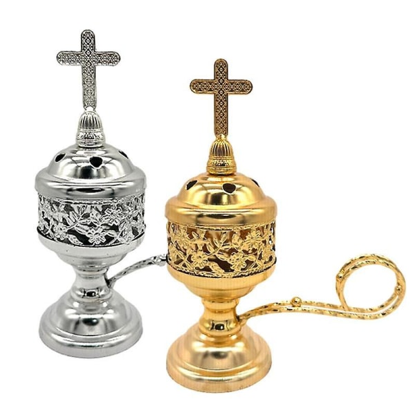 Metal Røgelsebrænder Røgelseskegleholder med kryds Lille messingbelagt røgelsebrænder Bronze katolsk harpiksholder Vintage Desig gold