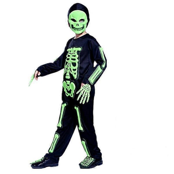 Halloween sort gyser selvlysende skeletkostume lejemorder maske heldragt til børn feriegave A M