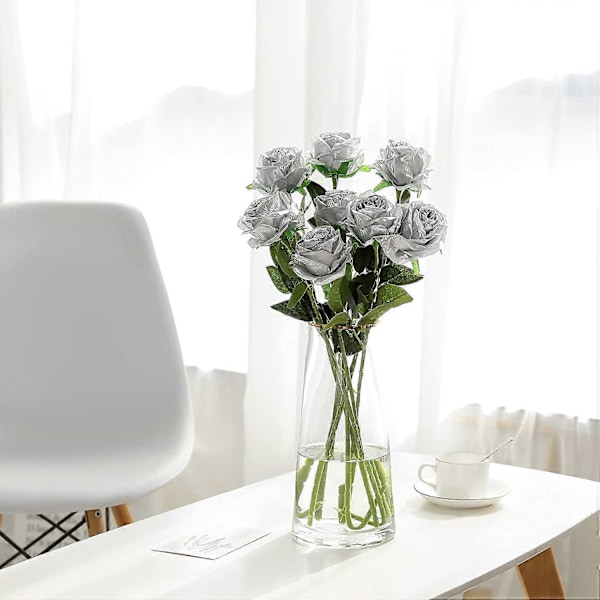 12 stk. Kunstige Roser, 50 cm Enkelt Lang Stilket Falsk Rose (Sølv)