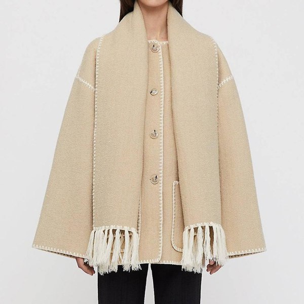 Mode enkeltradet kvast tørklædefrakke Fritid Tykke langærmet frakke til efterår og vinter Khaki XL