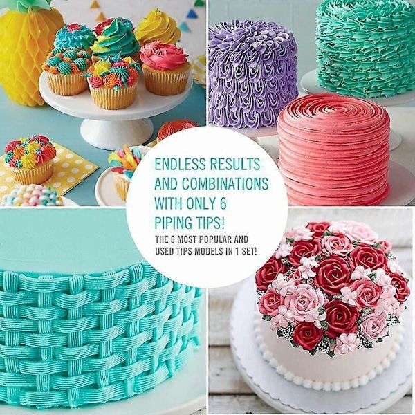 Sett med 6 store profesjonelle konditor-tyller for dekorering av kaker og cupcakes - Kompatibel med sprøytepose