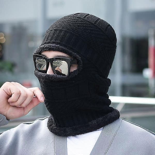 Herrhatt Enfärgad Plyschfoder Höst Vinter Varm Stickad Mössa Halsduk Ansiktsskydd för Utomhus Qinhai Black