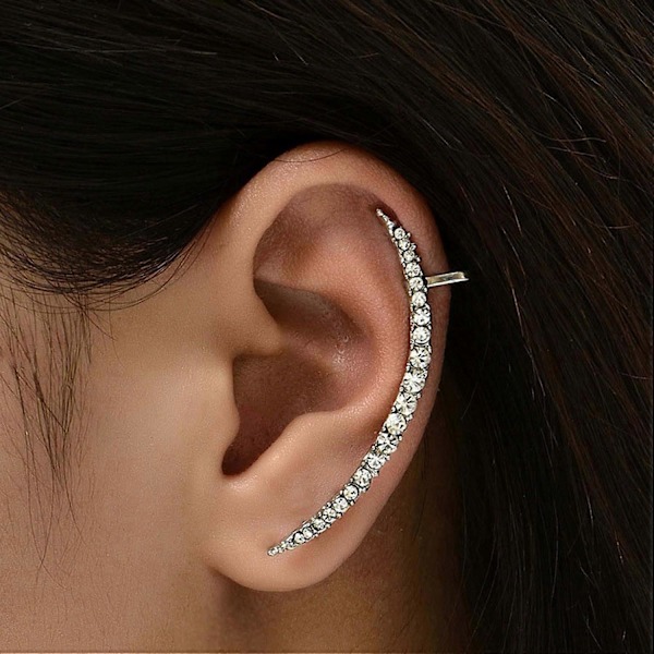 Vintage Lång Kristall Bar Öronmanschett Wrap Örhängen Silver Böjd Rhinestone Stick Stiftörhängen