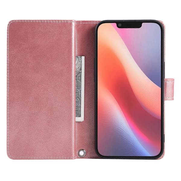 Til iPhone 16e etui i spaltlæder med magnetisk pung og håndledsrem - Rosaguld Multicolor Rose Gold