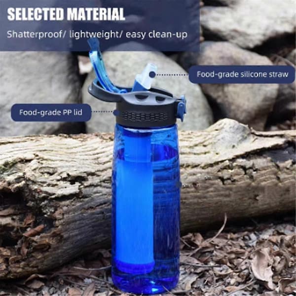Vandflaske med integreret filter og låsbart låg til rejser og camping