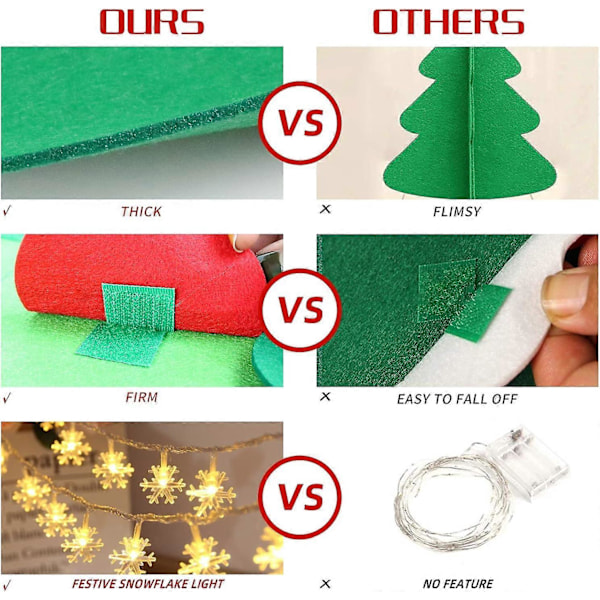 Julgran i filt för barn, julgran i filt för småbarn med snöflingelampor + 32 ornament