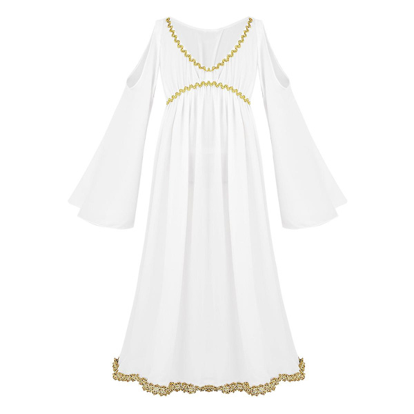 Romersk gresk gresk Athena Goddess Cosplay-kjole Jenter Gold Trim Halloween-kostyme Rollespill Party Lang Fancy Dress L