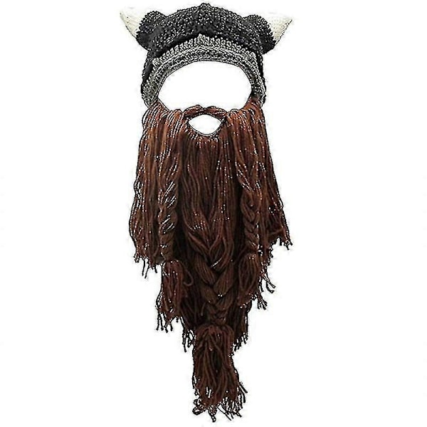 Herre Viking Skæg Hue Håndstrikket Sjov Hat Predator Hjørne Hat med Paryk Hætte Sjov Strikket Hat wi