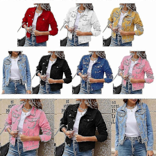 Knäppt Jeansjacka för Kvinnor, Långärmad, Croppad Modell med Fickor