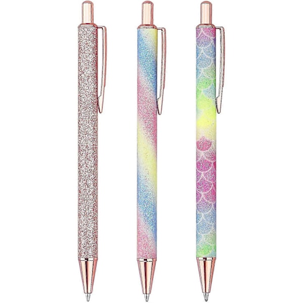 3 Kuglepenne, Glitter Rosaguld Klik Stil Indtrækkelig Kuglepen