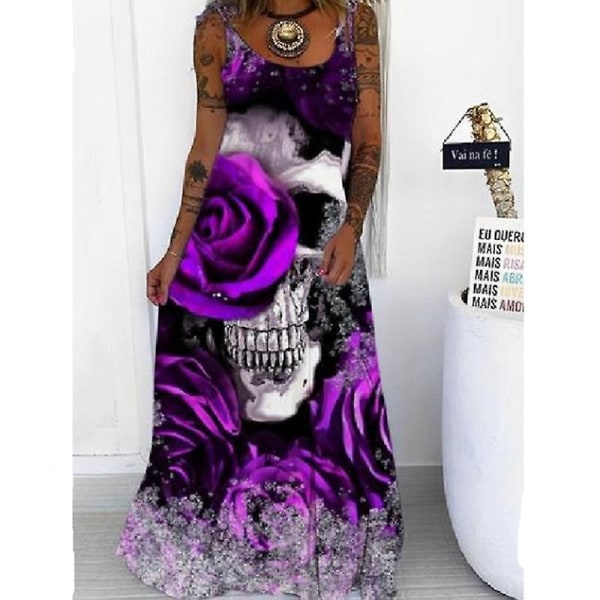Kvinners uformelle ermeløs maxikjole hodeskalle trykt løs kjole Halloween festslynge lang kjole style 2 3XL