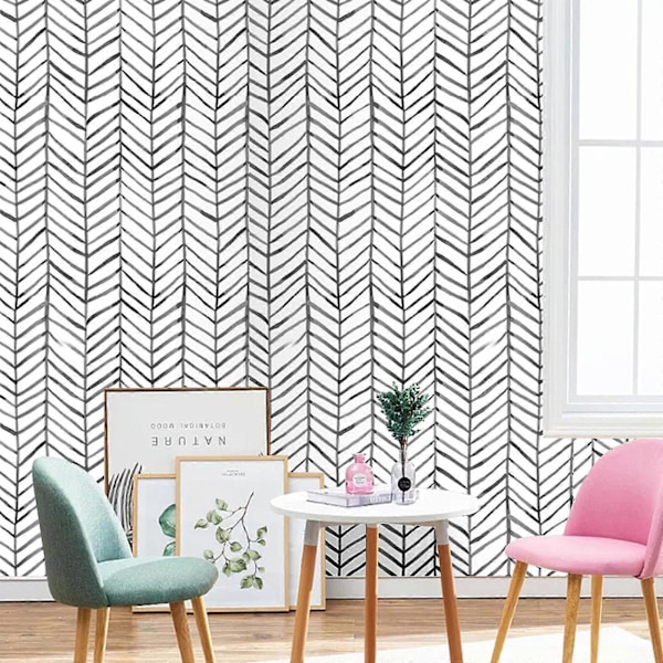 Svart och Vit Självhäftande Tapet Fiskbensmönster Kontaktpapper Modern Geometrisk Avtagbar Tapet Självhäftande 45*200cm