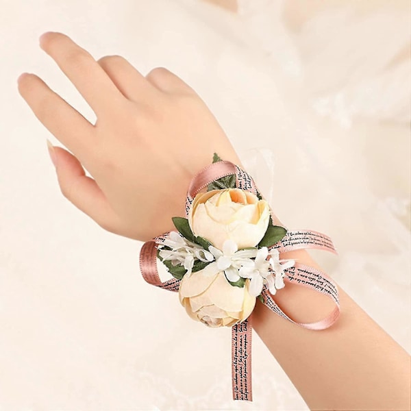 2023 - Håndleddsblomst Rose Bryllup Håndleddsblomst 6 Stykker Vintage Bryllupsblomst Håndleddsstropp Armbånd (ShiKai)